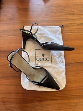 Gucci Black Pointed Leather Slingback Ankle Strap Heels 8